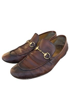 Gucci Mens Jordan Loafers Brown Burn Antique Leather Gold Horse bit Size 10 US